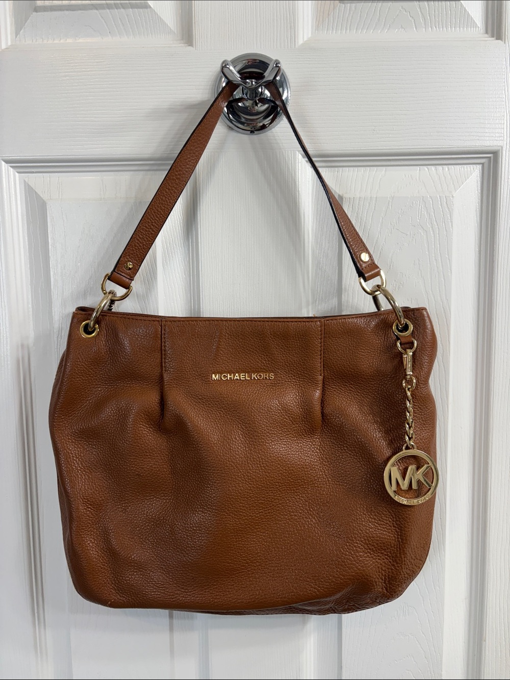 Michael Kors Cognac Pebbled Leather Shoulder Bag with MK Charm